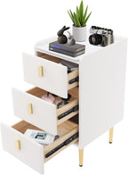 3-Layers Narrow Bedside Table, Space-Saving Living Room End Table with 3 Drawers, Leather Small Solid Wood Side Table with Support Legs for Small Spaces Bedroom (Off-White)