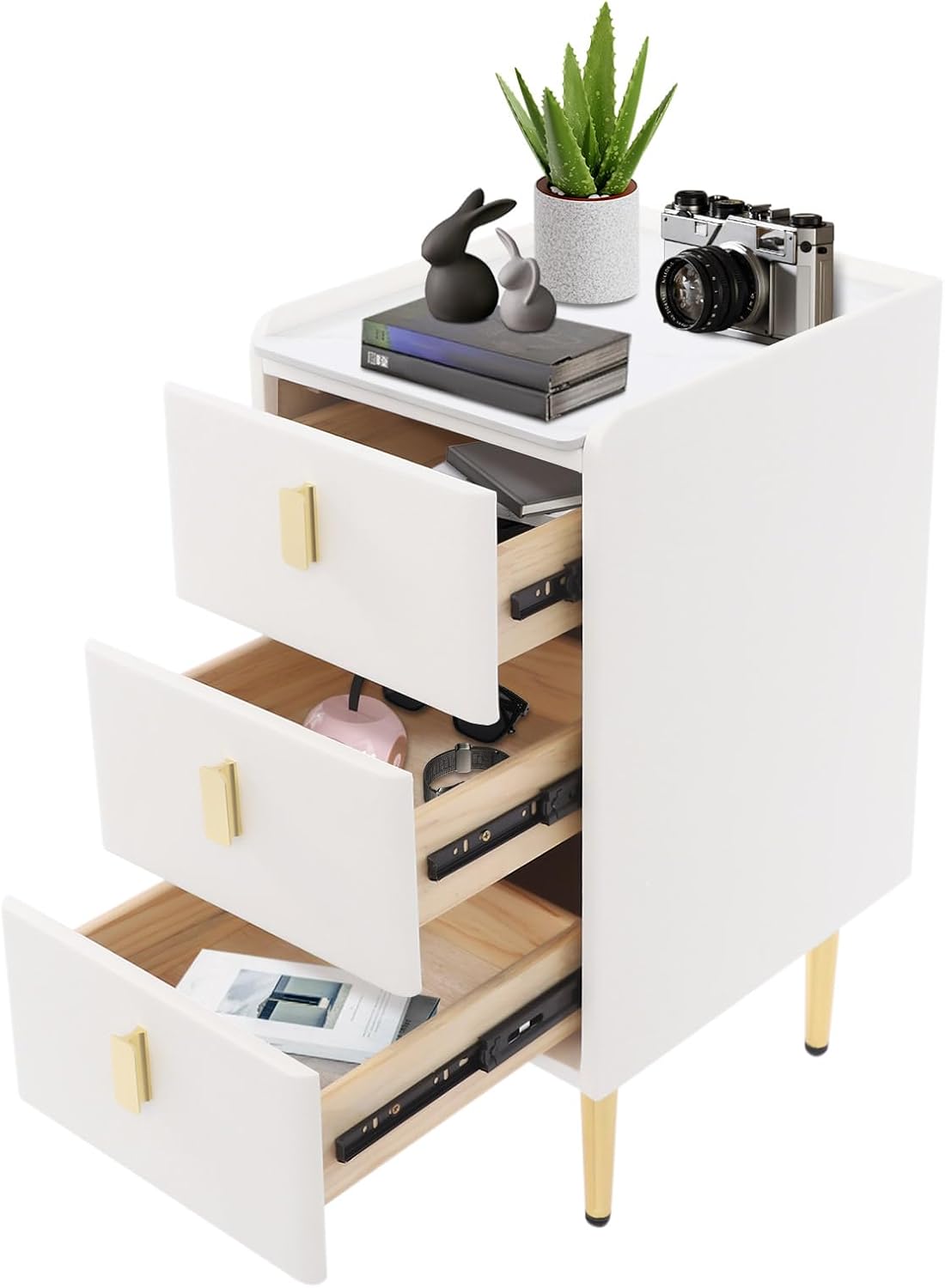 3-Layers Narrow Bedside Table, Space-Saving Living Room End Table with 3 Drawers, Leather Small Solid Wood Side Table with Support Legs for Small Spaces Bedroom (Off-White)