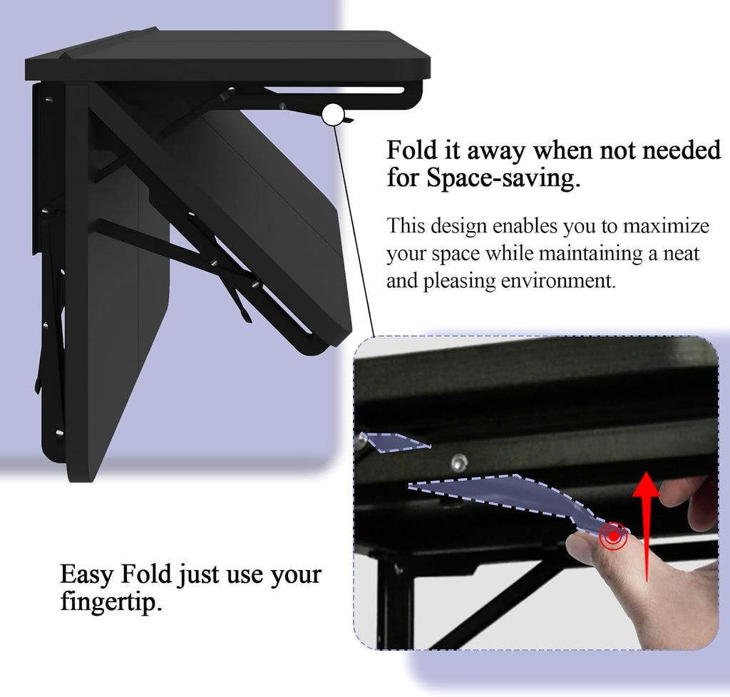 TEAMIX Wall Mounted Folding Table, Black Floating Desk for Small Spaces, Drop Leaf Dining Table for Kitchen Fold Down Laundry Shelf with Heavy-Duty Brackets