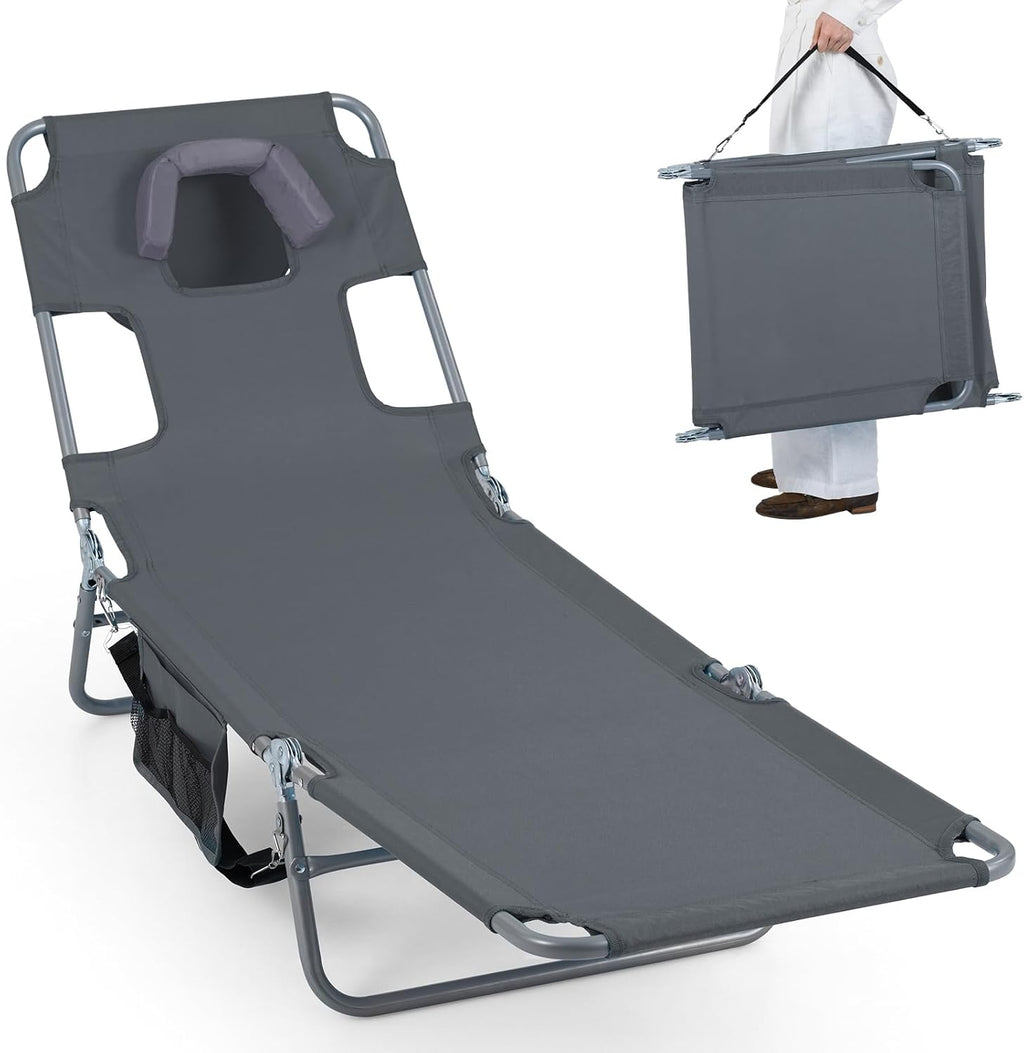 Goplus Tanning Chair, Portable Lightweight 10.5LBS Beach Lounger with Face Arm Holes, Adjustable 5-Position, 330LBS Capacity, Side Pocket, Removable Cushions, Portable Sunbathing Chair for Pool