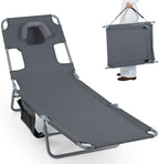 Goplus Tanning Chair, Portable Lightweight 10.5LBS Beach Lounger with Face Arm Holes, Adjustable 5-Position, 330LBS Capacity, Side Pocket, Removable Cushions, Portable Sunbathing Chair for Pool