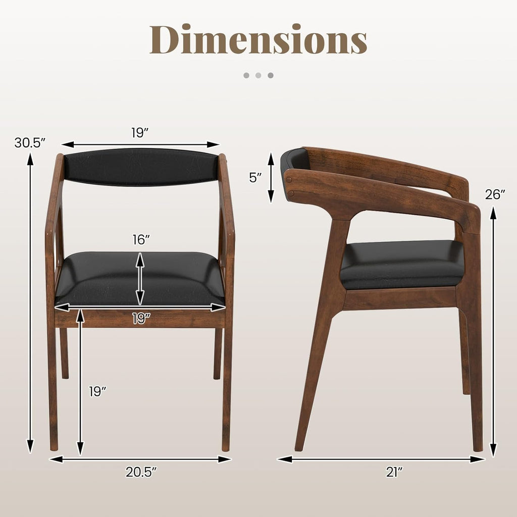 COSTWAY Dining Chairs with Arms Set of 4, Mid Century Modern Wooden Accent Chairs with Faux Leather Seat & Padded Backrest, Kitchen Side Armchairs for Living Dining Reading Room, Brown & Black
