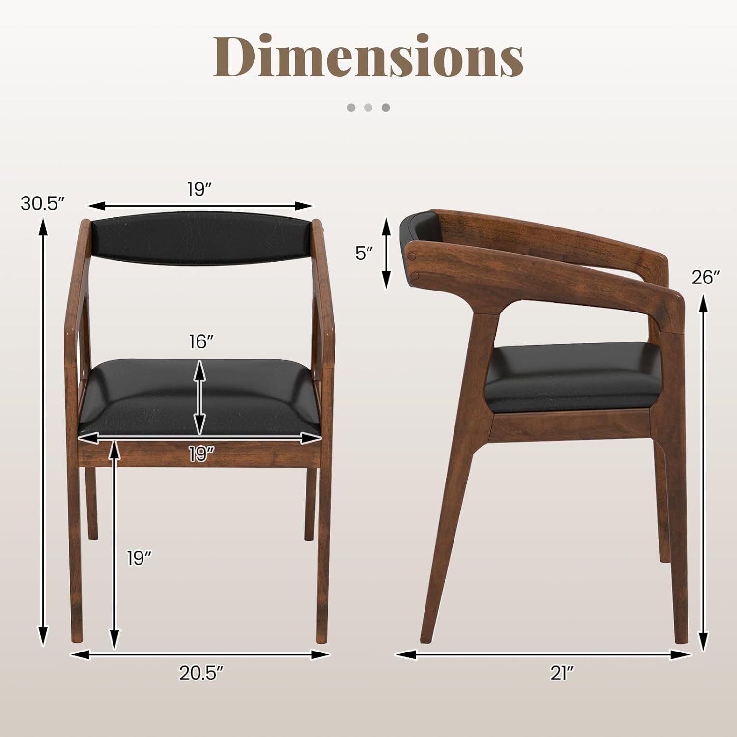 COSTWAY Dining Chairs with Arms Set of 4, Mid Century Modern Wooden Accent Chairs with Faux Leather Seat & Padded Backrest, Kitchen Side Armchairs for Living Dining Reading Room, Brown & Black