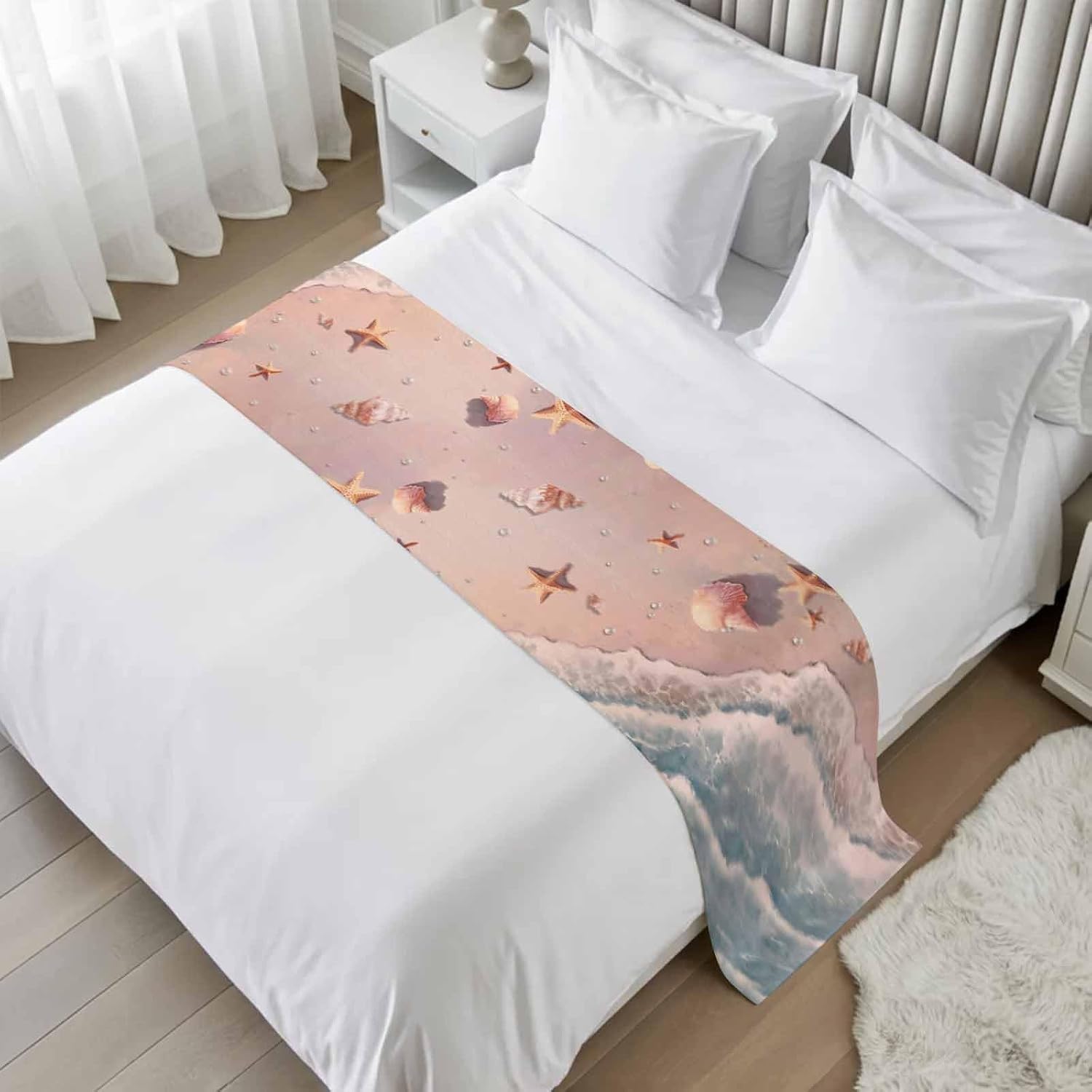 Summer Beaches Bed Runner for King Size Bed, 102"x20" Nautical Ocean Pink Wave Sea Nut Starfish Pearl Luxury Bed Runners & Scarves Decorative Bedding Scarf Protector Slipcover for Home Hotel