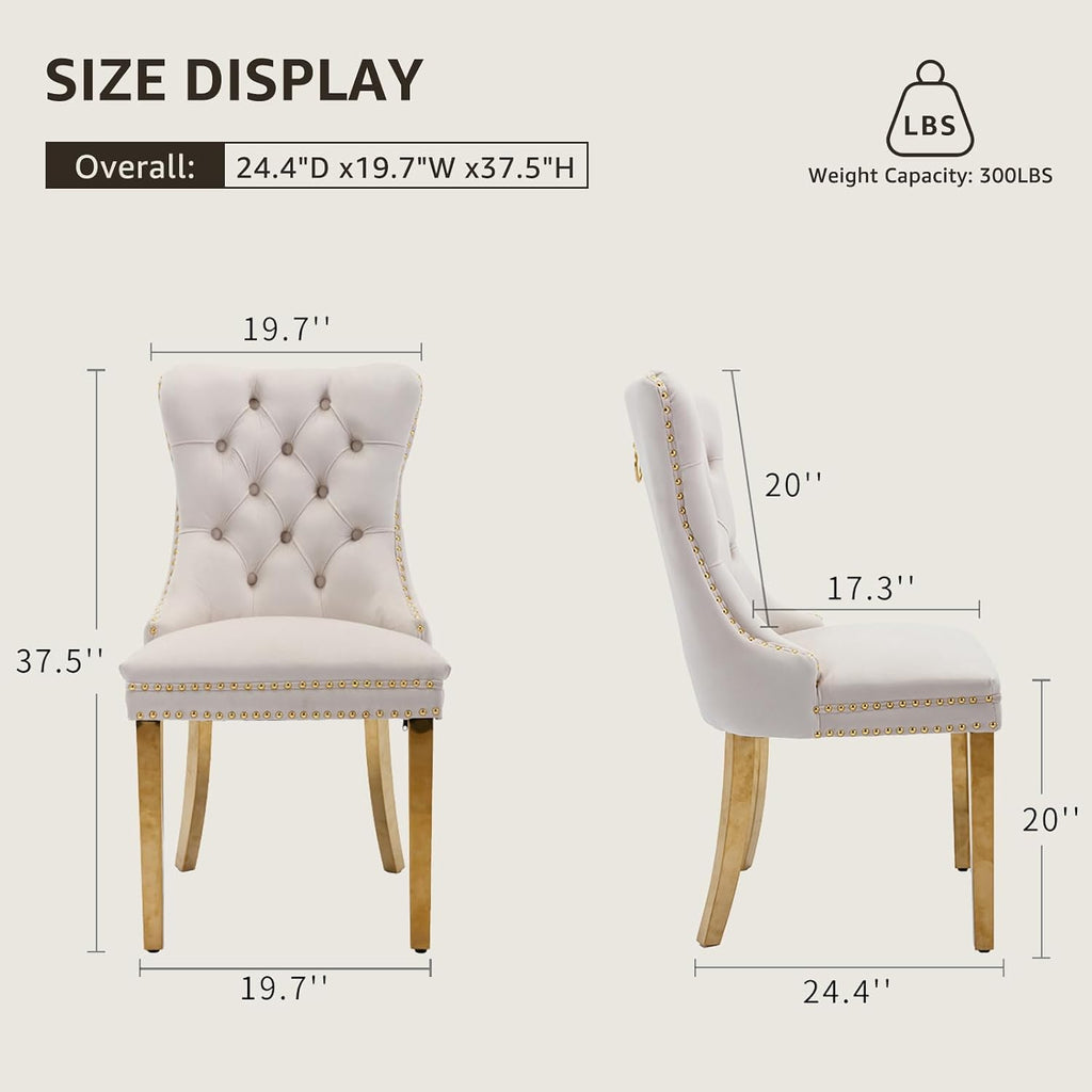 Modern Velvet Upholstered Dining Chairs Set of 2, Mid-Century Tufted Back Kitchen Chairs with Ring Pull & Gold Metal Legs, Beige Accent Side Chair for Living Room, Sillas de Comedor, (Ivory, 2 Pcs)