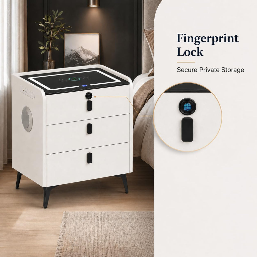 Smart Nightstand with Wireless Charging, with Fingerprint Lock Drawer, Night Stand with Charging Station,2 USB, LED Lights Bluetooth Speaker Side Table for Bedroom/Living Room (White)