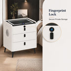 Smart Nightstand with Wireless Charging, with Fingerprint Lock Drawer, Night Stand with Charging Station,2 USB, LED Lights Bluetooth Speaker Side Table for Bedroom/Living Room (White)