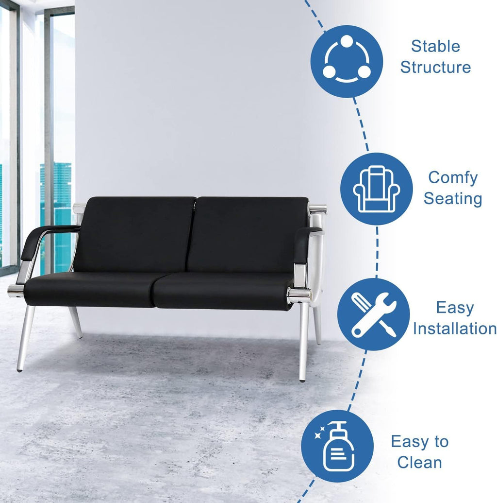 kinbor Waiting Room Chair - 2 Seat Office Guest Reception Bench with Arms, PU Leather Lobby Furniture Reception Chair for Business Salon Bank Hospital Airport, Black