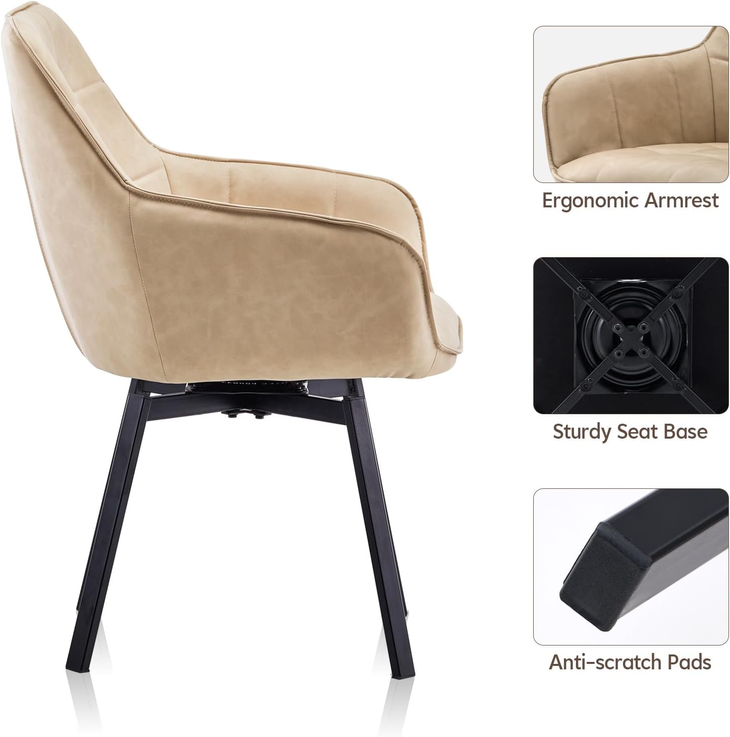 TUKAILAi Swivel Dining Chairs Set of 2, Faux Leather Dining Chairs with Arms & Metal Legs, Upholstered Mid Century Rotatable Kitchen Chairs for Living Room Bedroom Kitchen Restaurant (Cream)