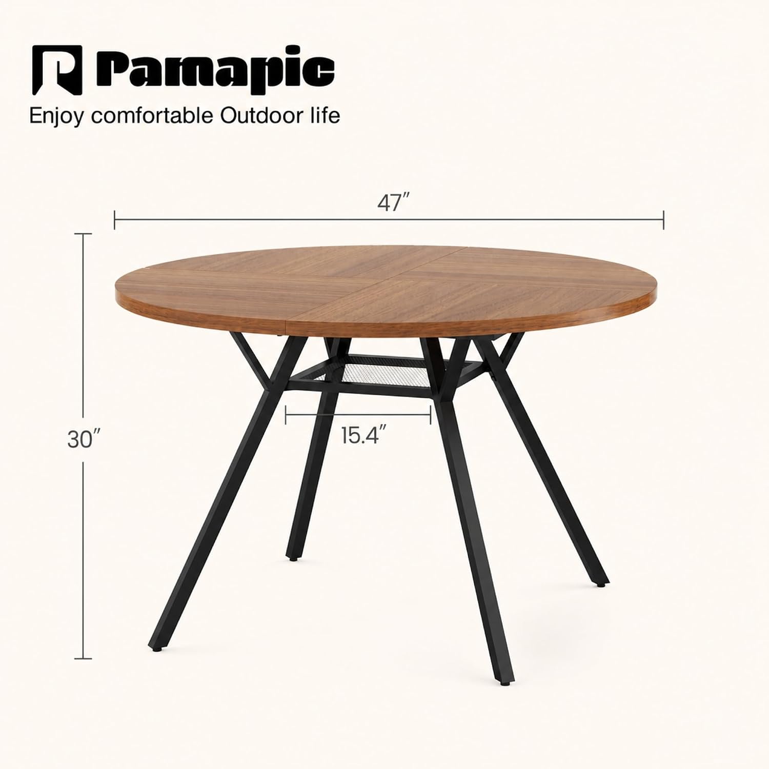 Pamapic 47'' Round Dining Table for 4-6 People | Solid Metal Frame, Circle Dinner Pedestal, Convenient Storage Shelf, Durable MDF Board, Natural Wood Table Surface