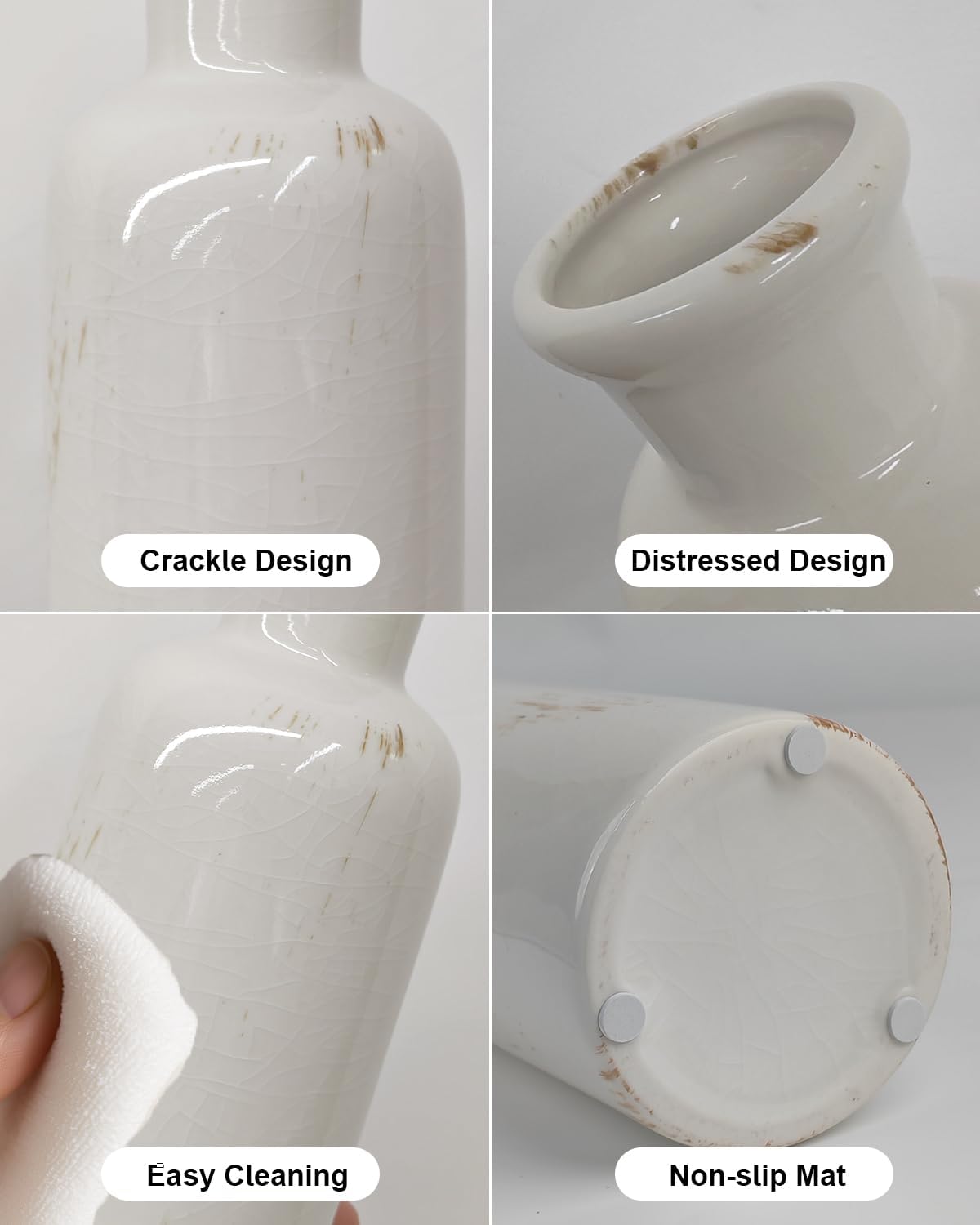 White Ceramic 3 Piece Vase Set, Vintage Farmhouse Decorative Home Decor Vases for Living Room & Kitchen, Distressed Crackle Glaze Flower Vases for Table Bookshelf Mantel & Office