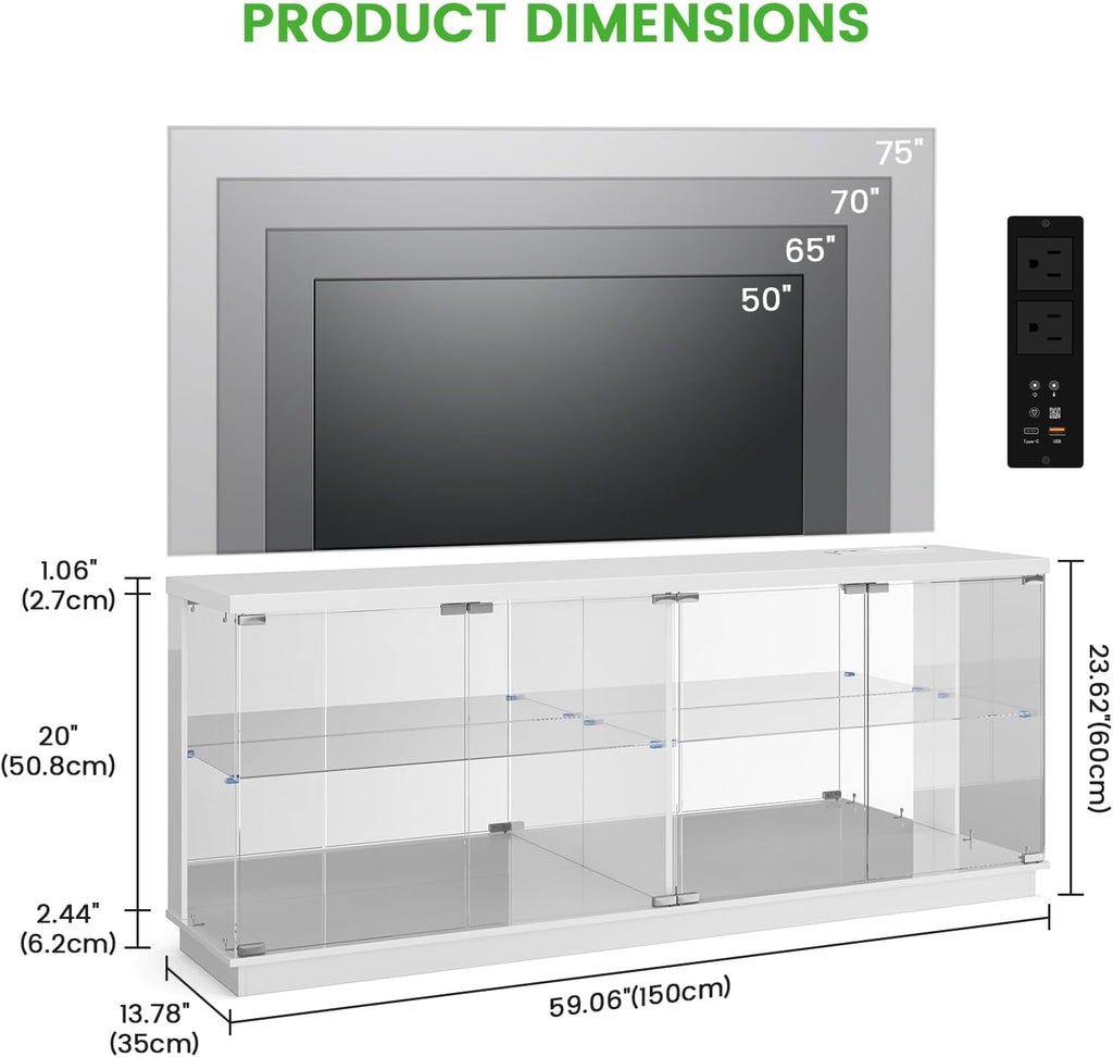 HNEBC Glass Display Case Set and TV Stand for LIvingroom, 5-Tier Curio Cabinet with RGB Lights for Collection, China Cabinet with Glass Doors, Entertainment Center with 2AC Outlet -3PCS White