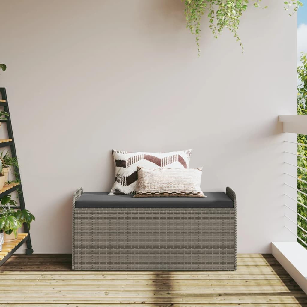45.3 Inch Patio Storage Bench with Cushion, Gray Poly Rattan Outdoor Seat with Waterproof Bag and Gas Spring Lid