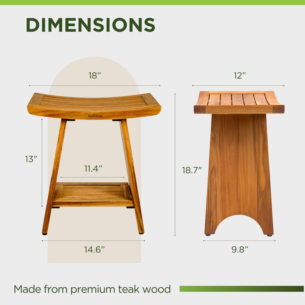 Premium 18" Teak Wood Shower Bench with Shelf, 2-Tier Waterproof Teak Shower Stool, Non-Slip Feet for Enhanced Safety, Spa Bath Seat for Bathroom, Indoor & Outdoor, 300 lb Capacity (Curved)