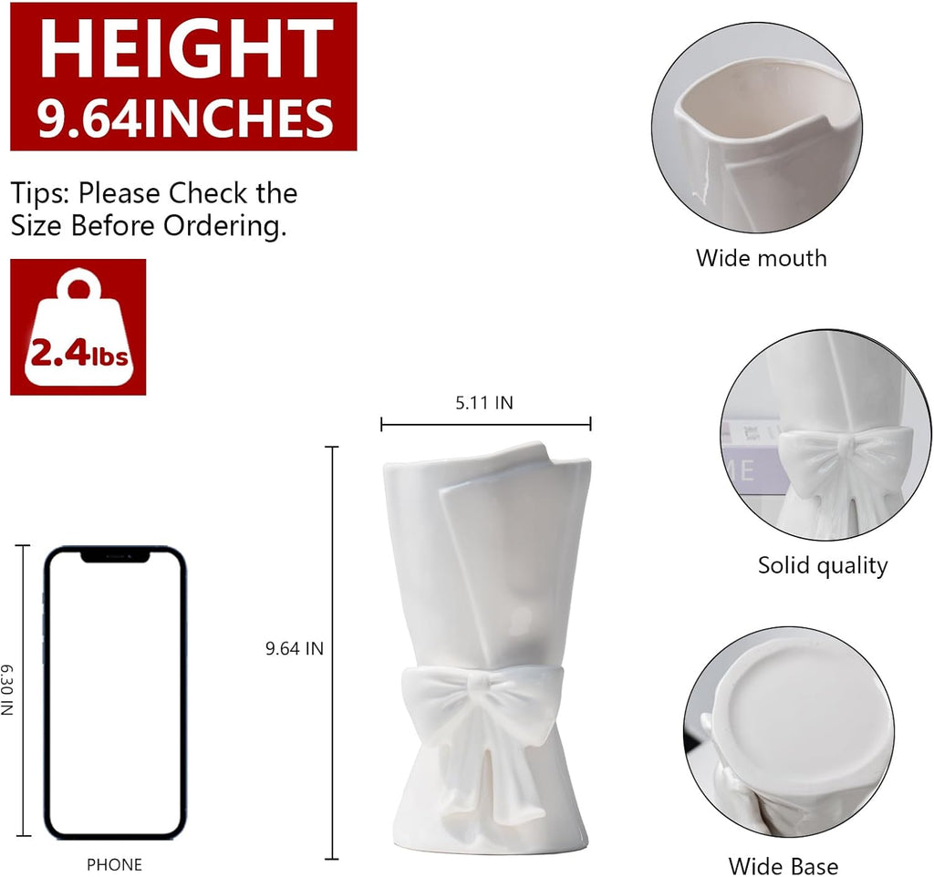 Relexome Fully Glazed White Ceramic Bow Vase 9.64 in Unique Cute Modern Decorative Bouquet Flower Vases for Home Living Room Table Summer Decor Women Gifts