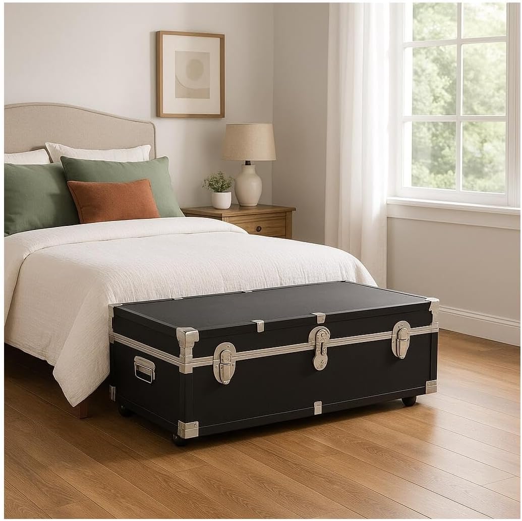 HomeStock Seaside Style Heavy Duty 31" Under Bed College Storage Trunk with Wheels & Lock, Latch Closure Type, 30" L x 8.25" W x 18.25" H, Ideal Camp Dorm Room Trunk Footlocker Antique Black