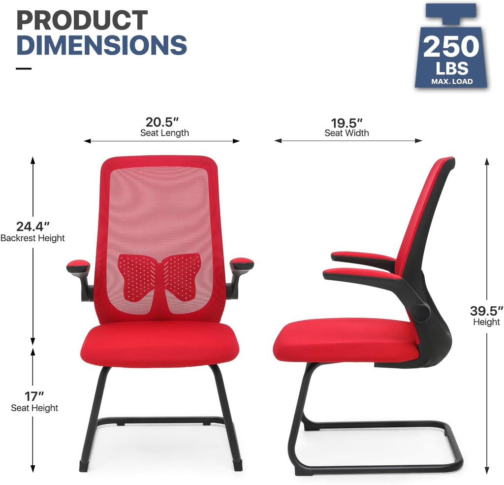 MoNiBloom Office Guest Chair Without Wheels, Lumbar Support Sled Chair Ergonomic Middle Back Task Chair with Flip-Up Arms for Reception Conference Wait Room 250 LBS Capacity, Set of 2, Red