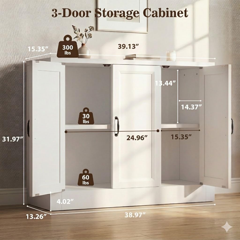 39" Modular Buffet Sideboard Cabinet, Expandable Storage Cabinet System, 3-Door Coffee Bar Cabinet with Adjustable Shelves, Waterproof Media Console for Living Room, White