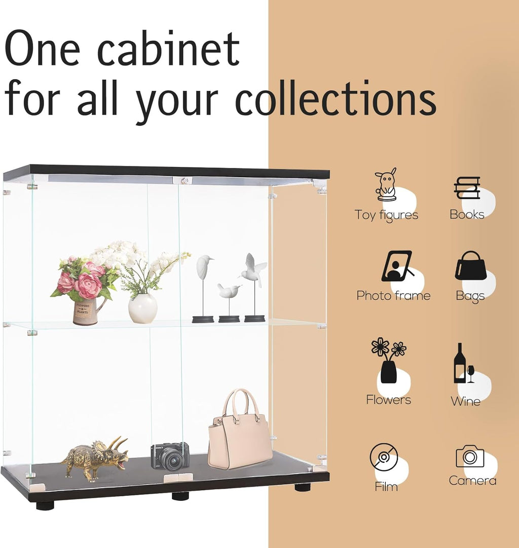 GDJAASJI Glass Display Cabinet with Lock, Fast Installation Curio Cabinets with 5mm Tempered Glass Floor Standing Bookshelf for Living Room (35.35" D x 31.69" W x 14.37" H, White)