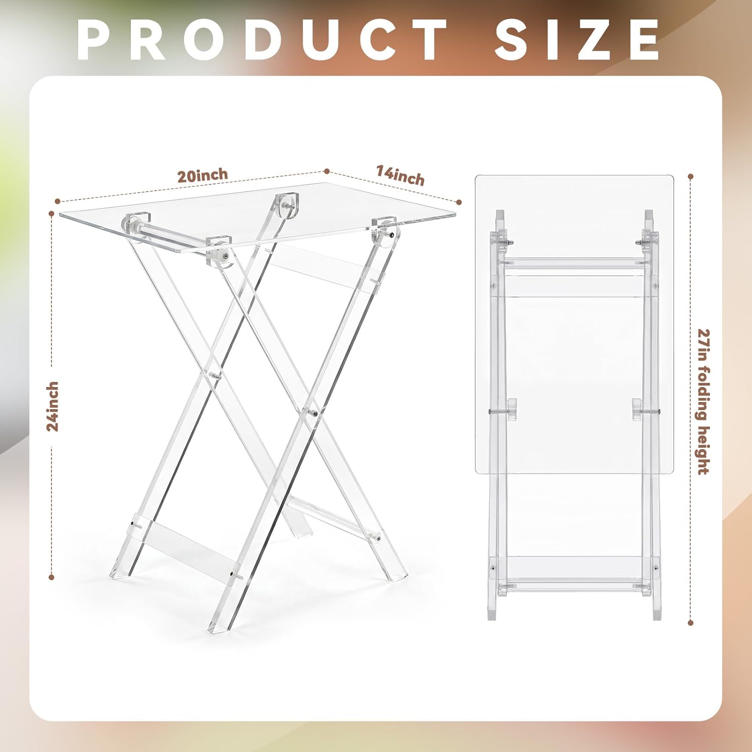 Beeveer Acrylic Foldable TV Dinner Table Small Folding Clear TV Tray Space Saving Acrylic Dining Table for Eating Snack Coffee Desk Side Living Room Kitchen Furniture Easy Assembly (24*20*14 Inch)