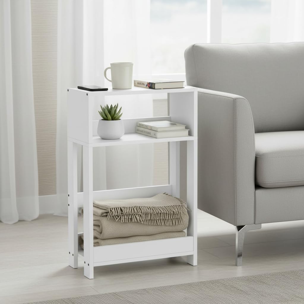 Narrow Side Table, 7 Inch Slim Bamboo Nightstand with 3-Tier Storage & Built-in Bookshelf, Small Space-Saving End Table for Living Room, Bedroom, Couch