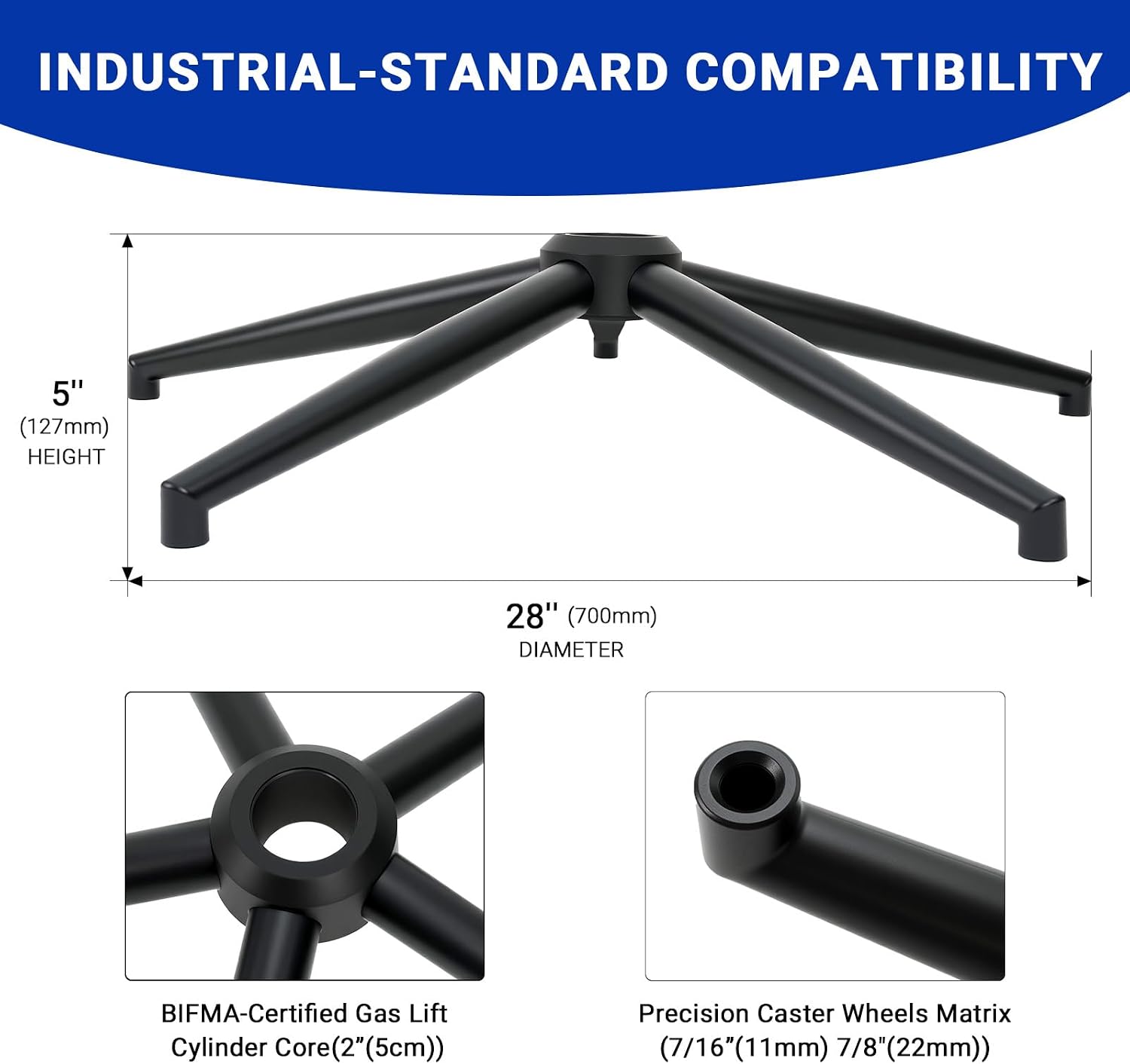 28" Office Chair Replacement Parts- Heavy Duty Base Replacement- 2500 Lbs Capacity Matte Black Metal Chair Legs with Universal Casters Sockets, for Most Office/Desk Chair