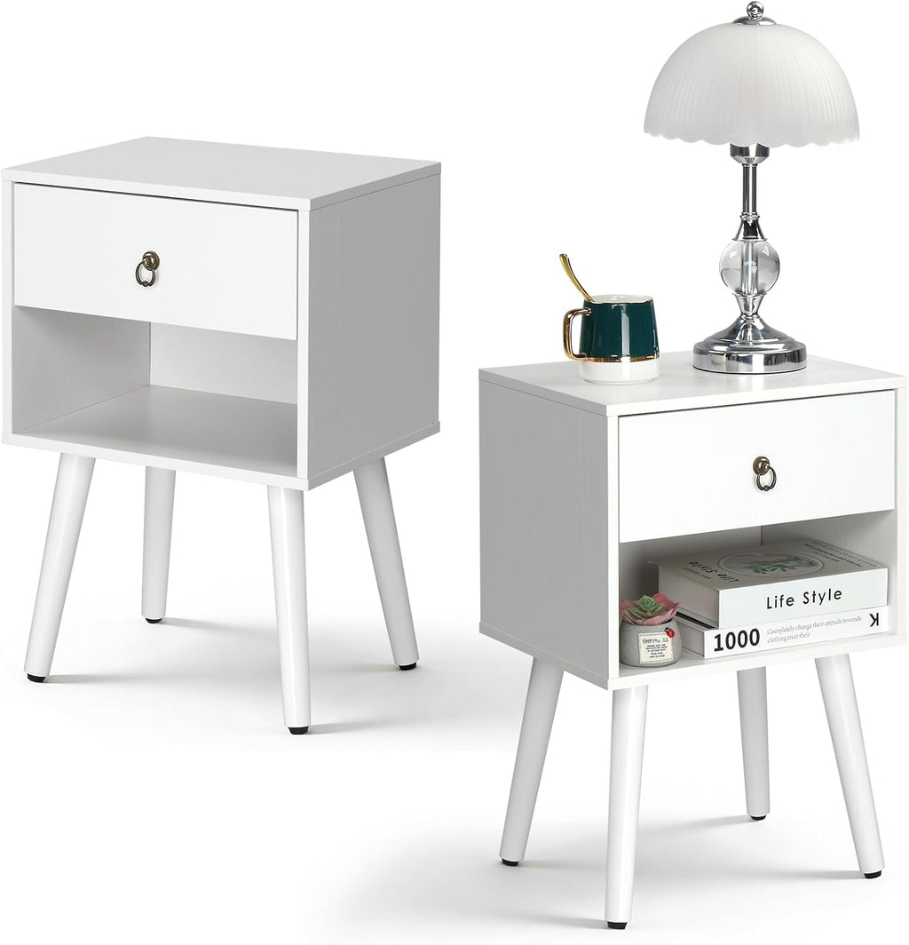 Bonnlo White Nightstand Set of 2, Modern Bedside Table with Drawer Open Shelf, End Table with Solid Wood Legs for Bedroom,
