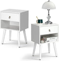 Bonnlo White Nightstand Set of 2, Modern Bedside Table with Drawer Open Shelf, End Table with Solid Wood Legs for Bedroom,