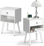Bonnlo White Nightstand Set of 2, Modern Bedside Table with Drawer Open Shelf, End Table with Solid Wood Legs for Bedroom,