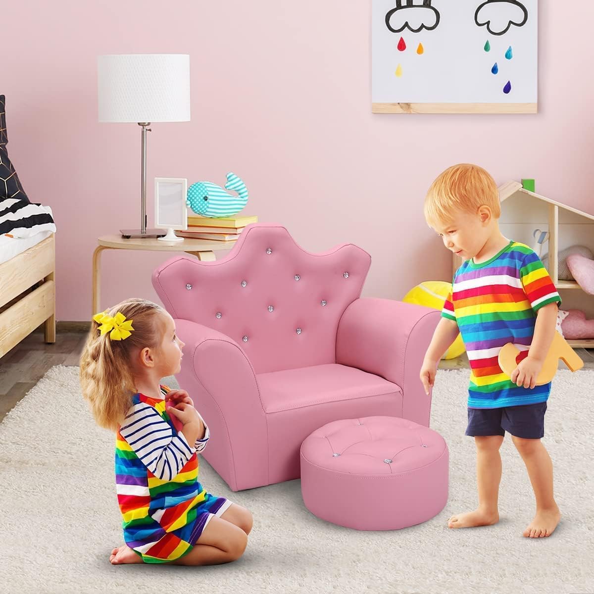 Toddler Chair, Toddler Chairs Comfy, Princess Kids Couch with Ottoman, Toddler Couch with Wooden Frame and PVC Leather, Kids Sofa for Girls and Boys, Ideal for Bedroom, Living Room