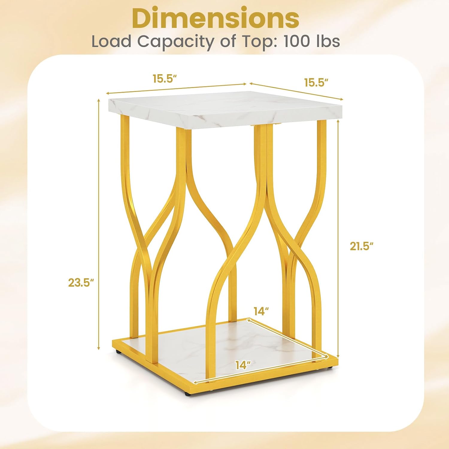Giantex 2-Tier End Table, Faux Marble Bedside Night Stand with Storage Shelf & Gold Petal-Inspired Geometric Metal Frame, Modern Couch Sofa Side Table for Living Room Bedroom Small Spaces (1)