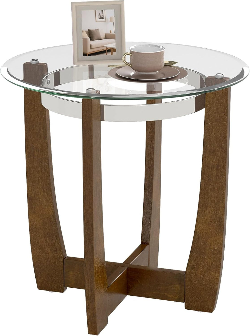 GOFLAME Glass End Table, 24” Round Sofa Side Table with Solid Rubber Wood Frame, Tempered Glass Top, Cross Base, Modern Circle Coffee Table for Living Room, Bedroom, Apartment, Walnut