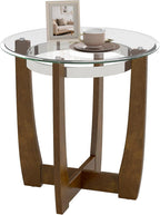 GOFLAME Glass End Table, 24” Round Sofa Side Table with Solid Rubber Wood Frame, Tempered Glass Top, Cross Base, Modern Circle Coffee Table for Living Room, Bedroom, Apartment, Walnut