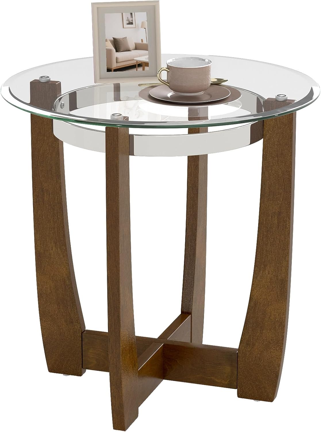GOFLAME Glass End Table, 24” Round Sofa Side Table with Solid Rubber Wood Frame, Tempered Glass Top, Cross Base, Modern Circle Coffee Table for Living Room, Bedroom, Apartment, Walnut