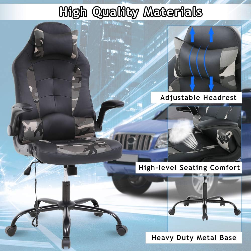 Ergonomic Gaming Office Chair - High Back Executive Computer Chair with Lumbar Support & Flip-Up Arms, PU Leather Adjustable Swivel Chair for Women/Men, Height Adjustable Massage Desk Chair (Camo)