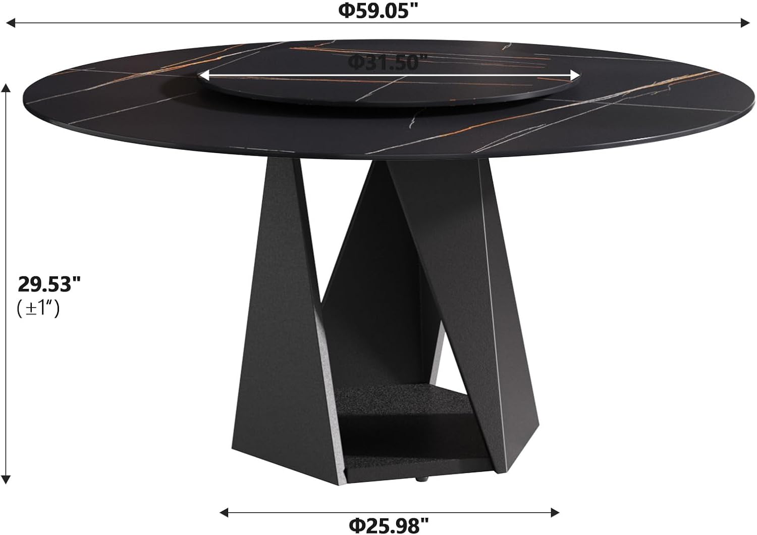 Montary 7 Piece Modern Dining Table Chairs Set of 6, Round 59" D Faux Marble Kitchen Table with Lazy Susan, Black Sintered Stone and Geometric Openwork Iron Dining Table with 6 Brown Chairs