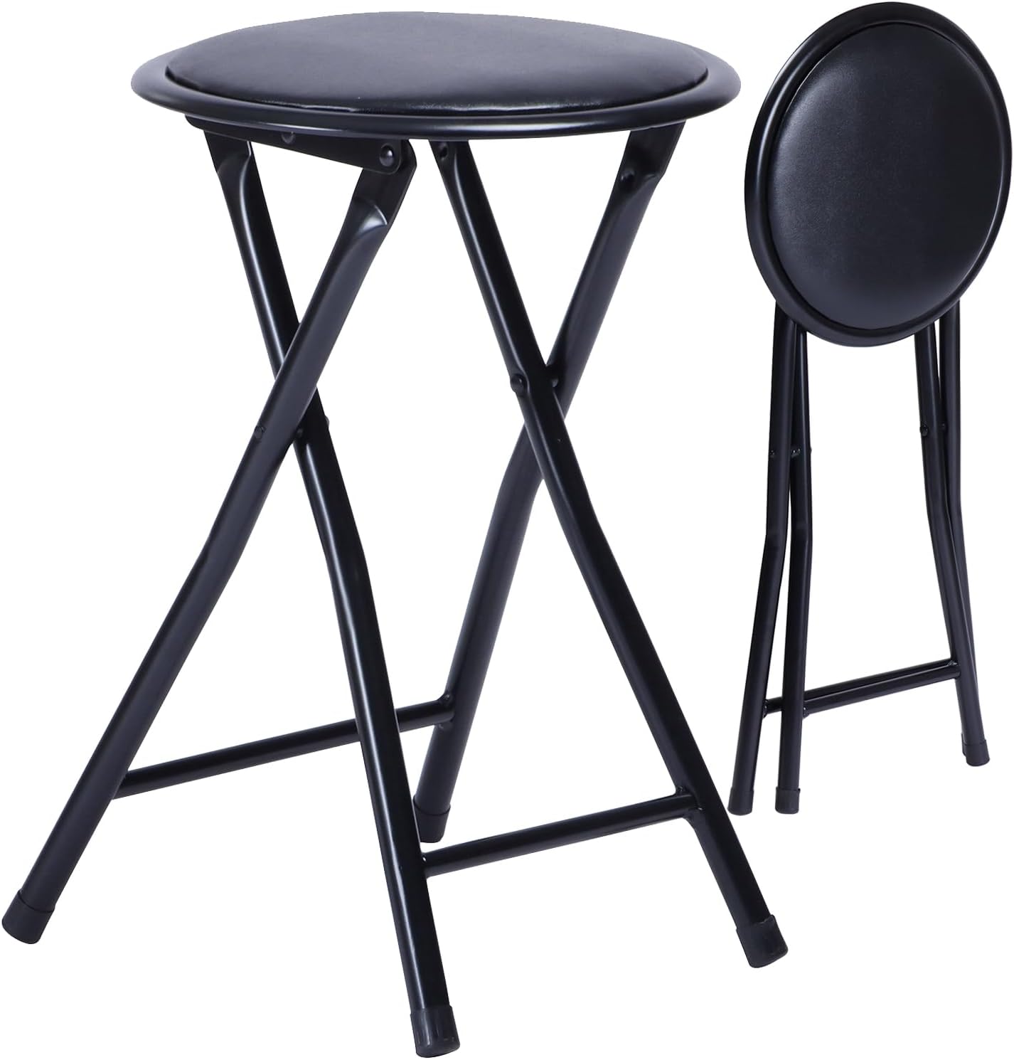 FurnitureR Folding Stool, Backless 18-Inch Stool Chair Collapsible Padded Round Portable for Indoor/Outdoor, Metal Frame, PVC Cushion, No Assembly Required, Set of 1, Black