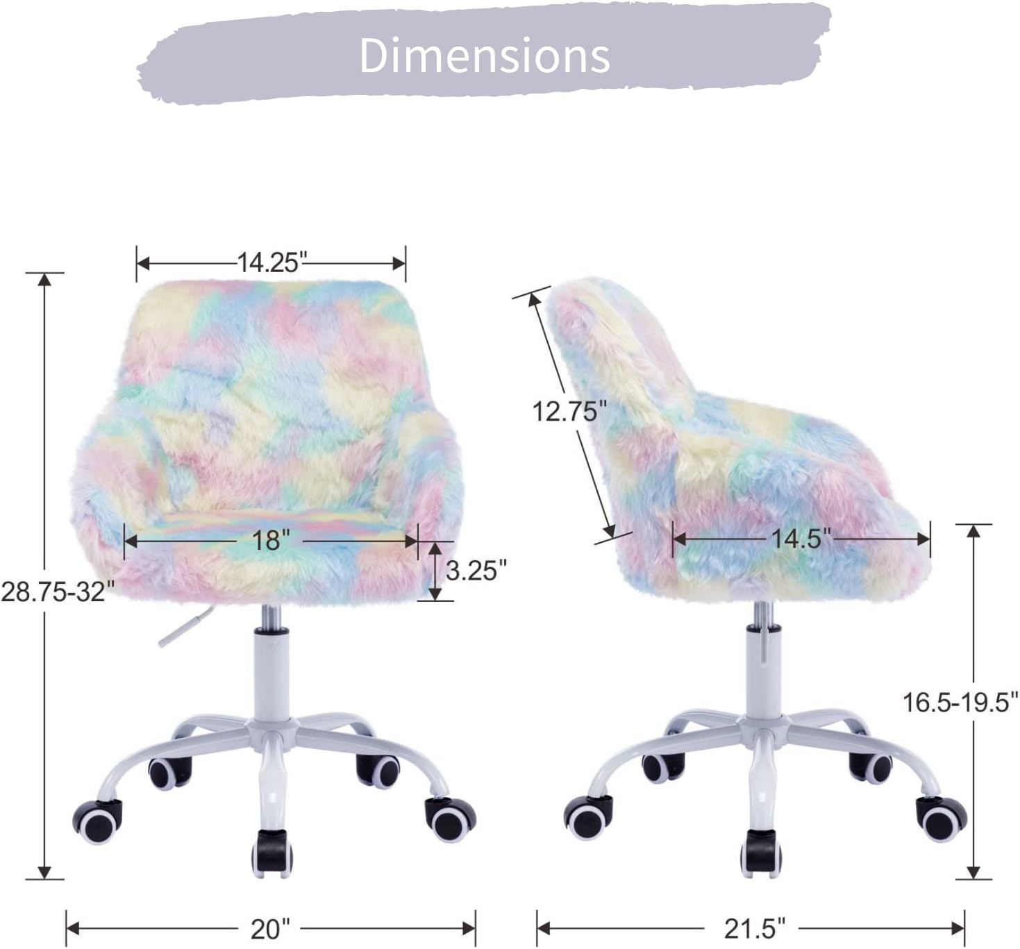 HEAH-YO Swivel Kids Chair with Wheels, Adjustable Kid Desk Chair with Arms, Cute Faux Fur Kids Study Chairs for Boys and Girls, Rainbow Color