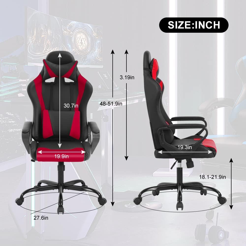 Ergonomic Gaming Chair, High Back PU Leather Office Chair with Adjustable Lumbar Support & Headrest – Swivel Computer Desk Chair for Adults, Teens, Kids – Heavy Duty Executive Red Game Chair-Red
