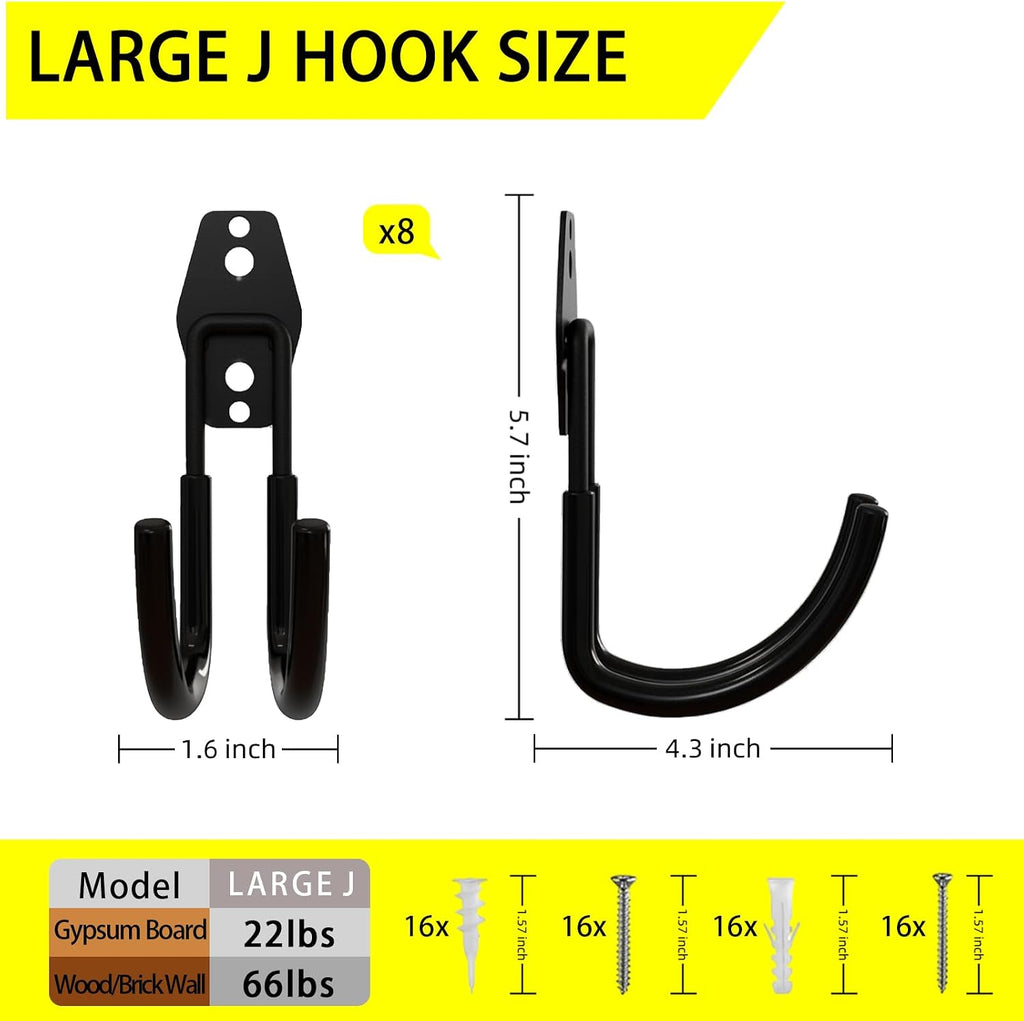 8 Pack Garage Hooks Heavy Duty with Anti-Slip Coating, Steel Utility Ladder Hooks for Hanging Garden Tools, Hoses, Ropes, Bikes and More (4.3in)
