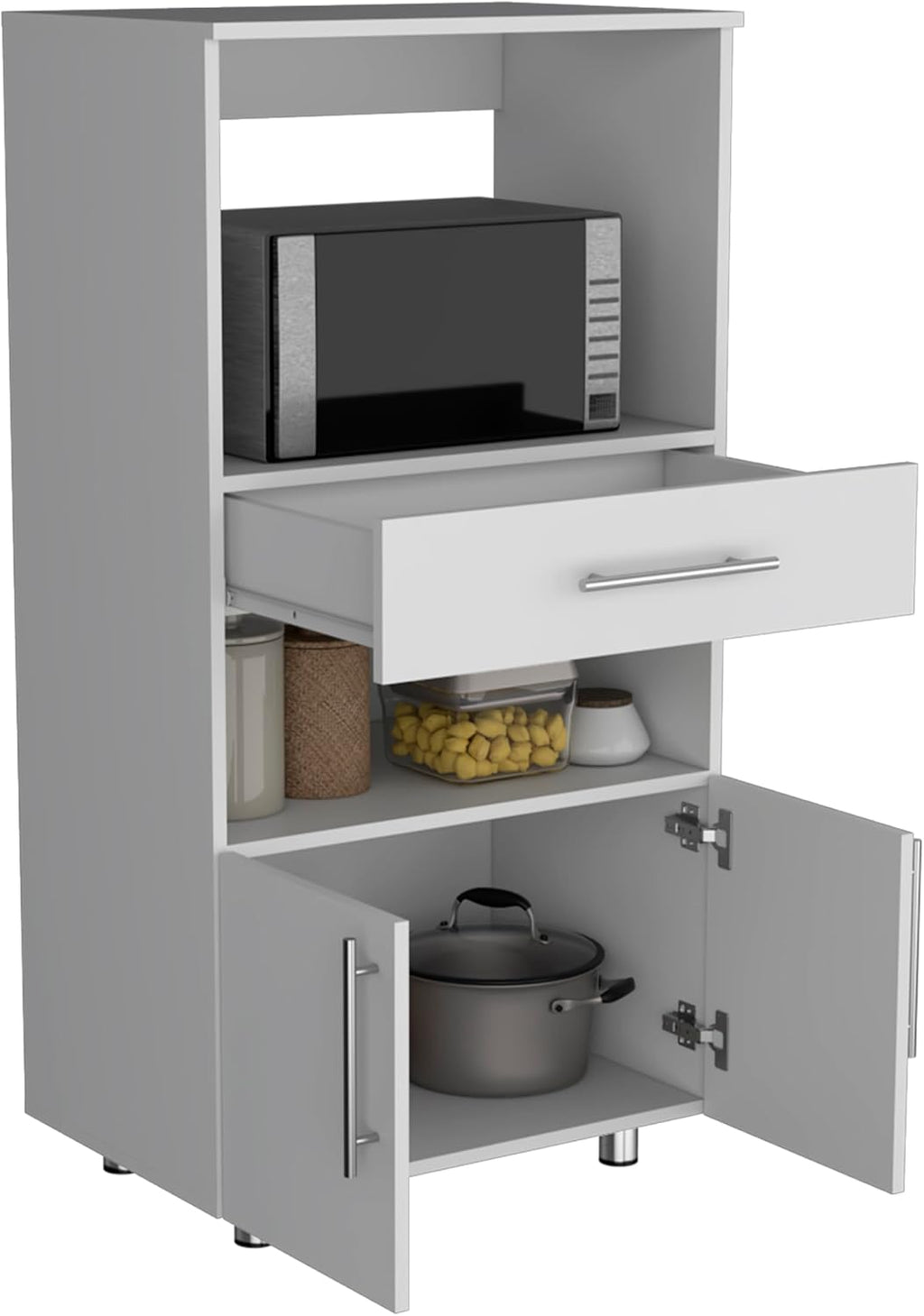 Modern Kitchen Pantry, White Storage Cabinet with Microwave Stand, Drawer & 2 Doors, Engineered Wood, for Dining Room, Easy to Clean