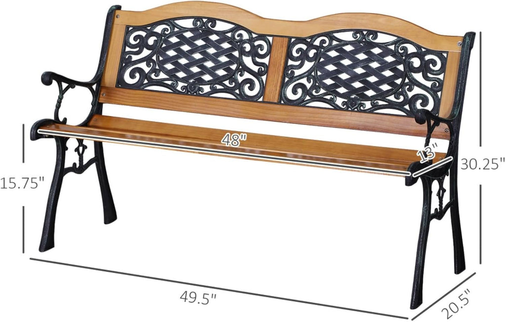 Hassyee Outdoor Garden Bench with Antique-Like Flourishes and Slatted Design for Backyard, Deck, Lawn, Patio Wooden Bench with Metal Frame for Balcony, Poolside, Park