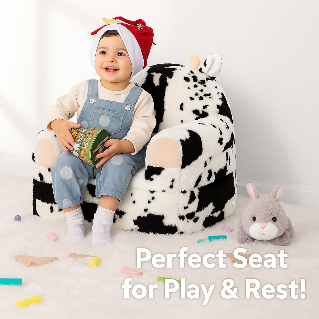 QIUODO Toddler Chair with Faux Rabbit Fur – 2-in-1 Foldable Kids Couch, Soft Sofa for Reading, Bedroom or Playroom Use, Ages 1-3（Cow）