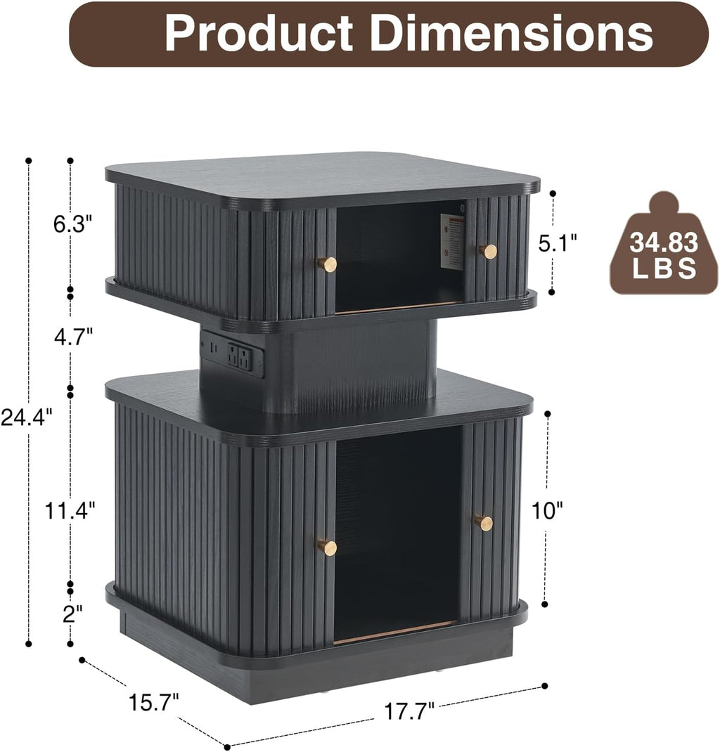 LED Light End Table with Charging Station, Black Smart Mid Century Bedside Table with USB Type A C Ports, Small Fluted Accent Control Nightstand with 2 Sliding Door for Living Room, Curvy Edge