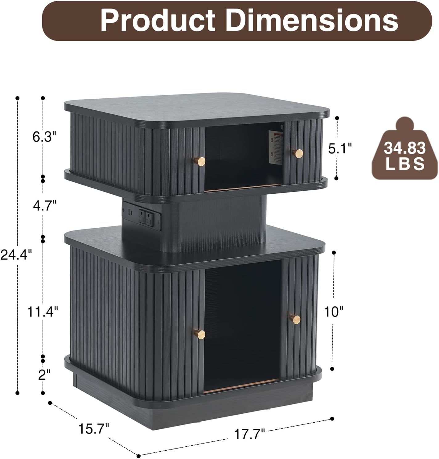 LED Light End Table with Charging Station, Black Smart Mid Century Bedside Table with USB Type A C Ports, Small Fluted Accent Control Nightstand with 2 Sliding Door for Living Room, Curvy Edge