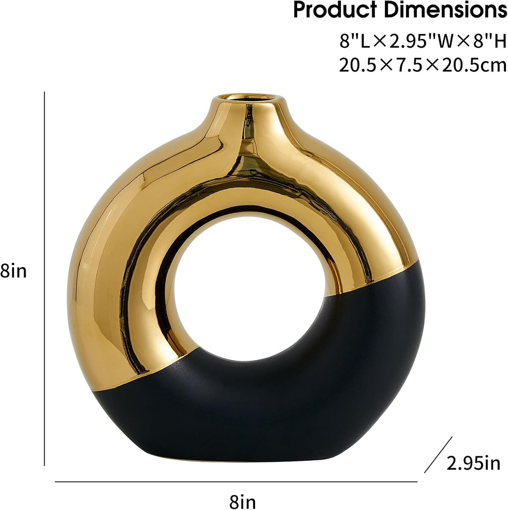 FJS Ceramic Donut Vase, 8" L x 8" H Black and Gold Round Vase for Pampas Grass, Nordic Modern Vases for Decor, Ceramic Vase Centerpieces for Wedding, Bedroom, Living Room, Coffee Table, Office