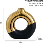 FJS Ceramic Donut Vase, 8" L x 8" H Black and Gold Round Vase for Pampas Grass, Nordic Modern Vases for Decor, Ceramic Vase Centerpieces for Wedding, Bedroom, Living Room, Coffee Table, Office