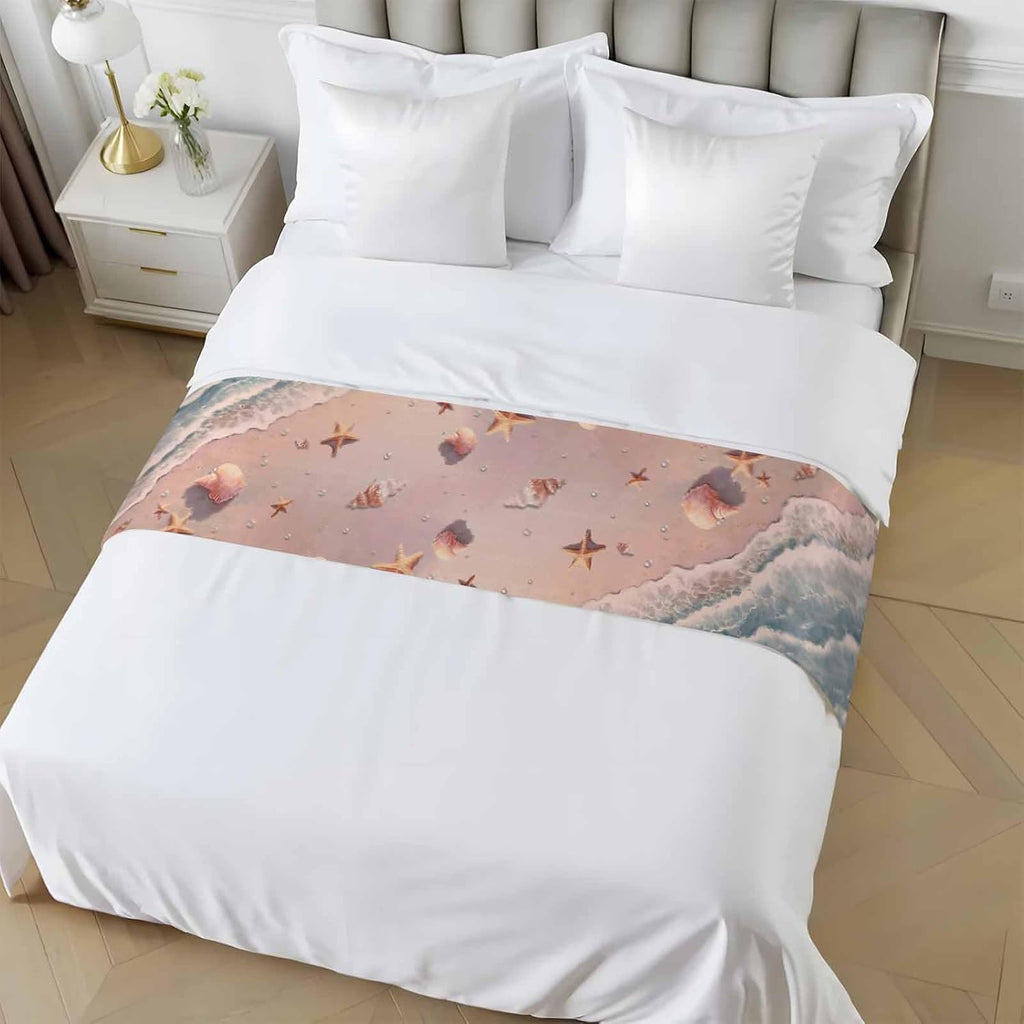Summer Beaches Bed Runner for King Size Bed, 102"x20" Nautical Ocean Pink Wave Sea Nut Starfish Pearl Luxury Bed Runners & Scarves Decorative Bedding Scarf Protector Slipcover for Home Hotel