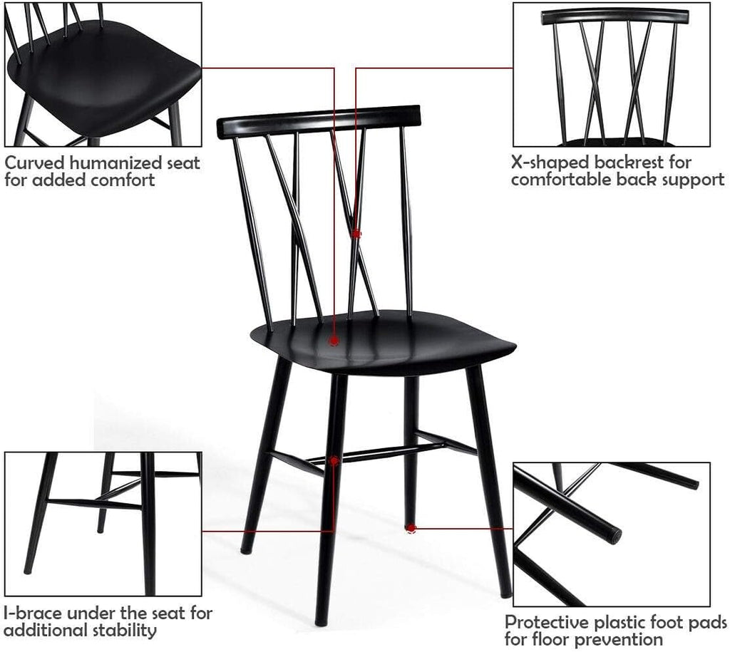 COSTWAY Dining Chair Set of 4, Farmhouse Windsor Chairs Dining Room Chairs with Spindle Back and Sturdy Metal Construction, Kitchen Side Chair for Living Room Restaurant, Black (Height 17'')