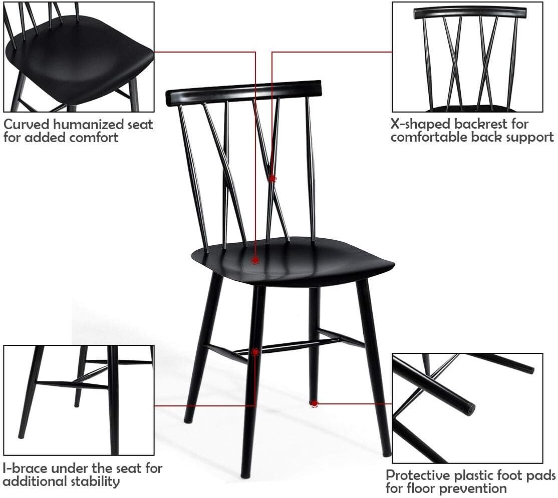 COSTWAY Dining Chair Set of 4, Farmhouse Windsor Chairs Dining Room Chairs with Spindle Back and Sturdy Metal Construction, Kitchen Side Chair for Living Room Restaurant, Black (Height 17'')